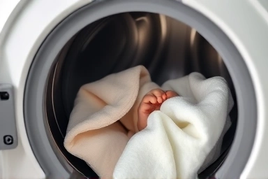 Gentle placement of baby clothes into a washing machine drum.