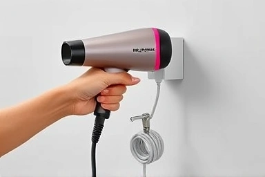 Hand using wall-mounted hair dryer holder for organization