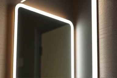 Modern bathroom vanity mirror with integrated indirect LED lighting.