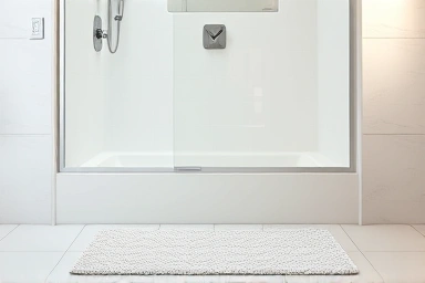 Absorbent bath mat in a clean, modern bathroom.