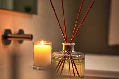 Close-up of diffuser and candle creating relaxing ambiance