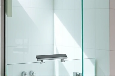 Clean bathroom with shower squeegee, no water spots.