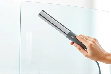 Hand using silicone squeegee on shower glass.
