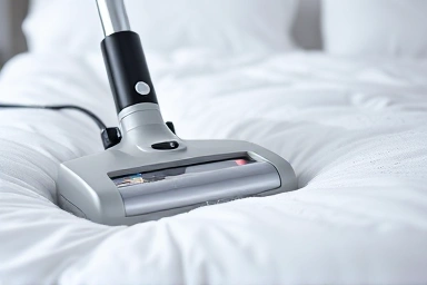 Modern bed cleaning vacuum cleaner with UV light in action.