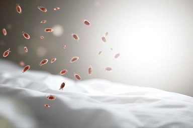 Symbolic representation of dust mites and bacteria being eliminated.