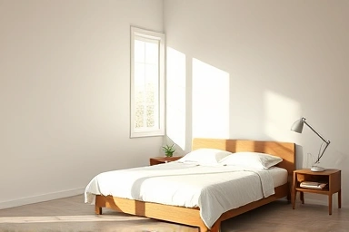 Serene bedroom with bed against a wall, sunlight streaming in.