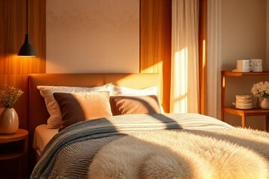 Serene bedroom with soft lighting, plush textiles, and natural elements.