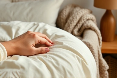 Close-up of cozy bedroom textures: linen, knit, wood, and warm lighting.