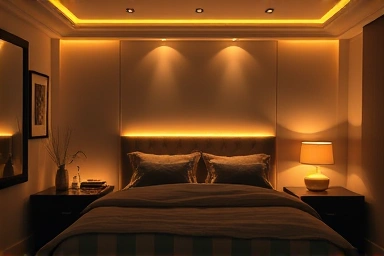 Cozy bedroom with warm indirect LED lighting