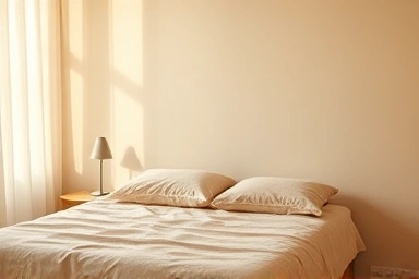 Tranquil bedroom sanctuary with warm lighting and minimalist design.