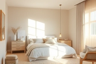 Serene bedroom with layered tone-on-tone color scheme
