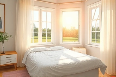 Bright bedroom with open windows, fresh air flowing in