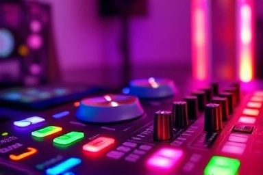 DJ controller with illuminated buttons and faders