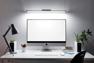 Modern desk with BenQ screen bar, eye comfort lighting