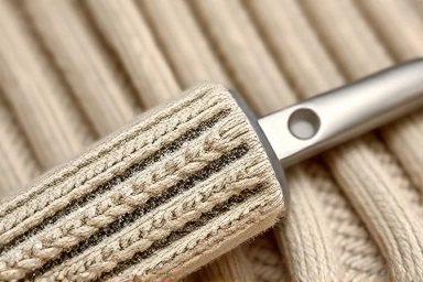 Winter knit sweater with pills being removed by a fabric shaver.
