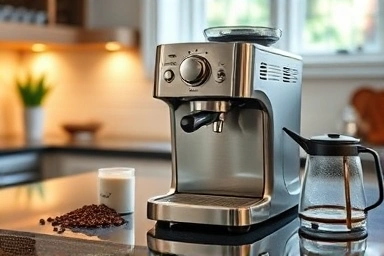 Breville 870 espresso machine in a stylish home kitchen.