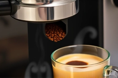 Close-up of Breville 870 grinder and portafilter, coffee grounds.