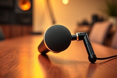 Professional condenser microphone on a desk.