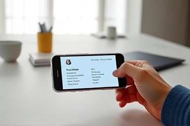 Smartphone scanning business card for digital contact management.