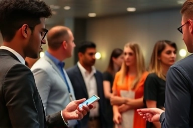 Professionals networking using digital business cards on smartphones.