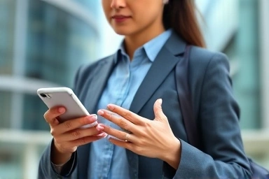 Office worker using power bank on business trip