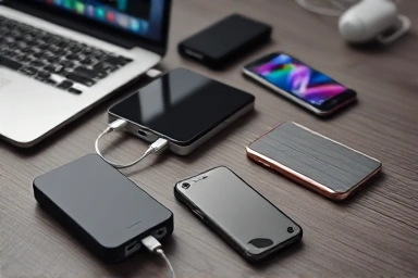 Assortment of modern portable power banks for work