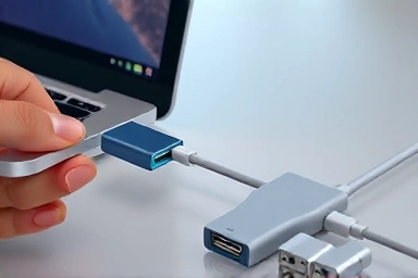 Hand connecting USB-C cable to laptop, symbolizing enhanced productivity with a multi-hub.