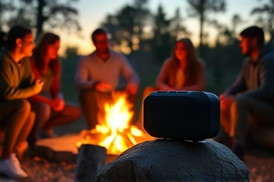 Friends enjoying music by campfire with rugged Bluetooth speaker.
