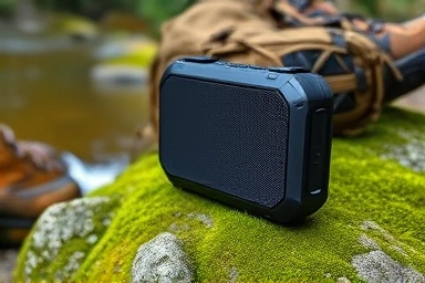 Waterproof Bluetooth speaker on rock, highlighting durability and outdoor use.