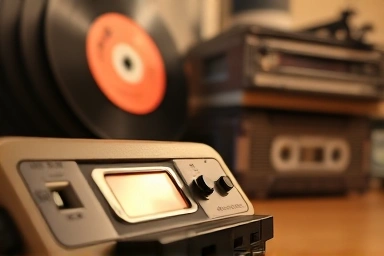 Vintage cassette player with tapes, nostalgic analog music.