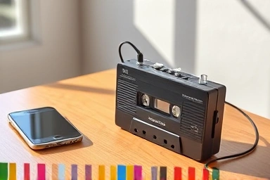 Modern portable cassette player with Bluetooth, retro tech.