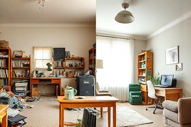 Before and after of a room, showcasing the impact of cleaning habits.