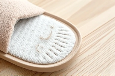 Close-up of microfiber sole trapping dust and pet hair.