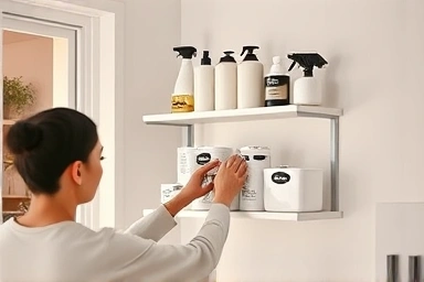 Neatly organized cleaning supplies on a wall shelf, maximizing space.