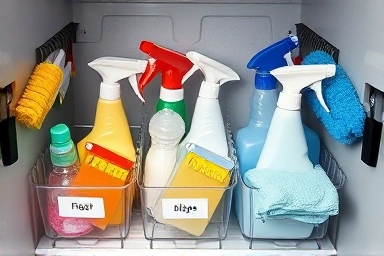 Compact storage solutions for diverse cleaning products, showing organization.