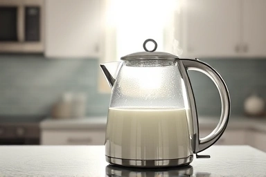 Sparkling clean electric kettle, fresh kitchen counter, morning sunlight