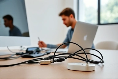 Clean desk with organized computer cables and productive workspace