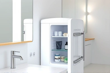 Sleek cosmetic refrigerator in a modern bathroom, showcasing organized skincare.