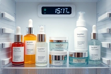 Close-up of chilled skincare products inside a cosmetic refrigerator.