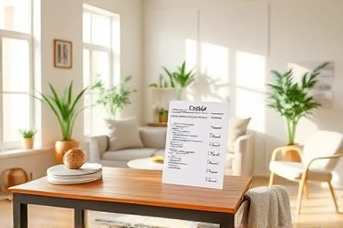 Organized living room with a checklist, symbolizing a fresh start.