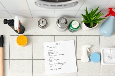 Clean kitchen counter with cleaning supplies and a handwritten to-do list.