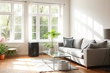 Dehumidifier with continuous drain hose in a clean living room.
