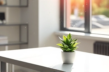 Desk with air-purifying plant, enhancing focus and air quality.