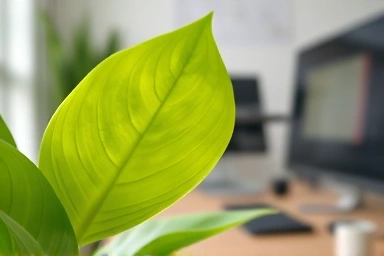 Close-up of a desk plant leaf, symbolizing air purification and productivity.
