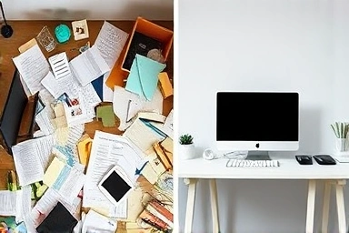 Before and after of a cluttered vs. organized desk