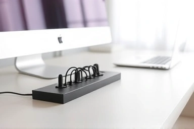 Organized desk with hidden power strip and cables.