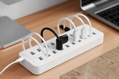 Close-up of a desk organizer hiding messy power strip cables.