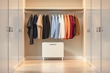 Modern walk-in closet with system hanger and dehumidifier