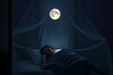 Peaceful sleep under a mosquito net in a moonlit bedroom.