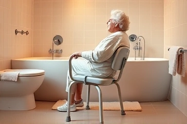 Elderly person safely using a stable bath chair in a bathroom.